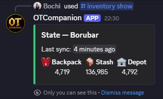 The OTCompanion Discord bot replying to /inventory show with State — Borubar and backpack, stash and depot totals