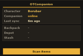 The OTCompanion overlay inside the game client — character, companion status, last sync and a Scan items button
